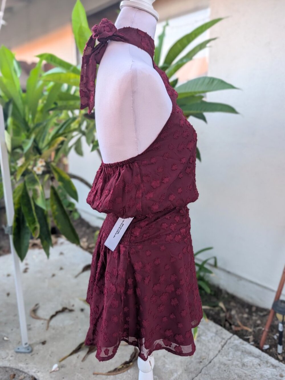 Princess Polly Eurythmic scarf halter mini dress Burgundy jacquard 6 NWT - Picture 8 of 15